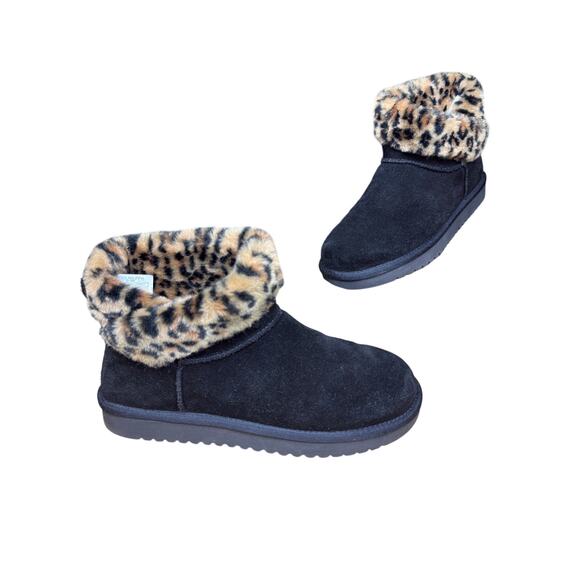 UGG Koolaburra Aribel Short Folding‎ Boots Leopard Animal Print Black Womens 10 - Picture 1 of 11